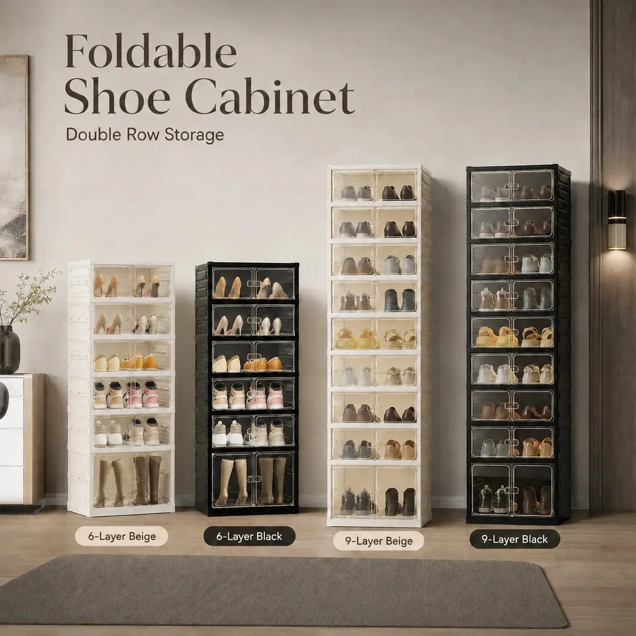 Foldable Shoe Organizer Storage Box, Portable Extra Large Folding Shoe Rack for Closet, Shoe Storage Box with Magnetic Transparent Door , 9 Layers