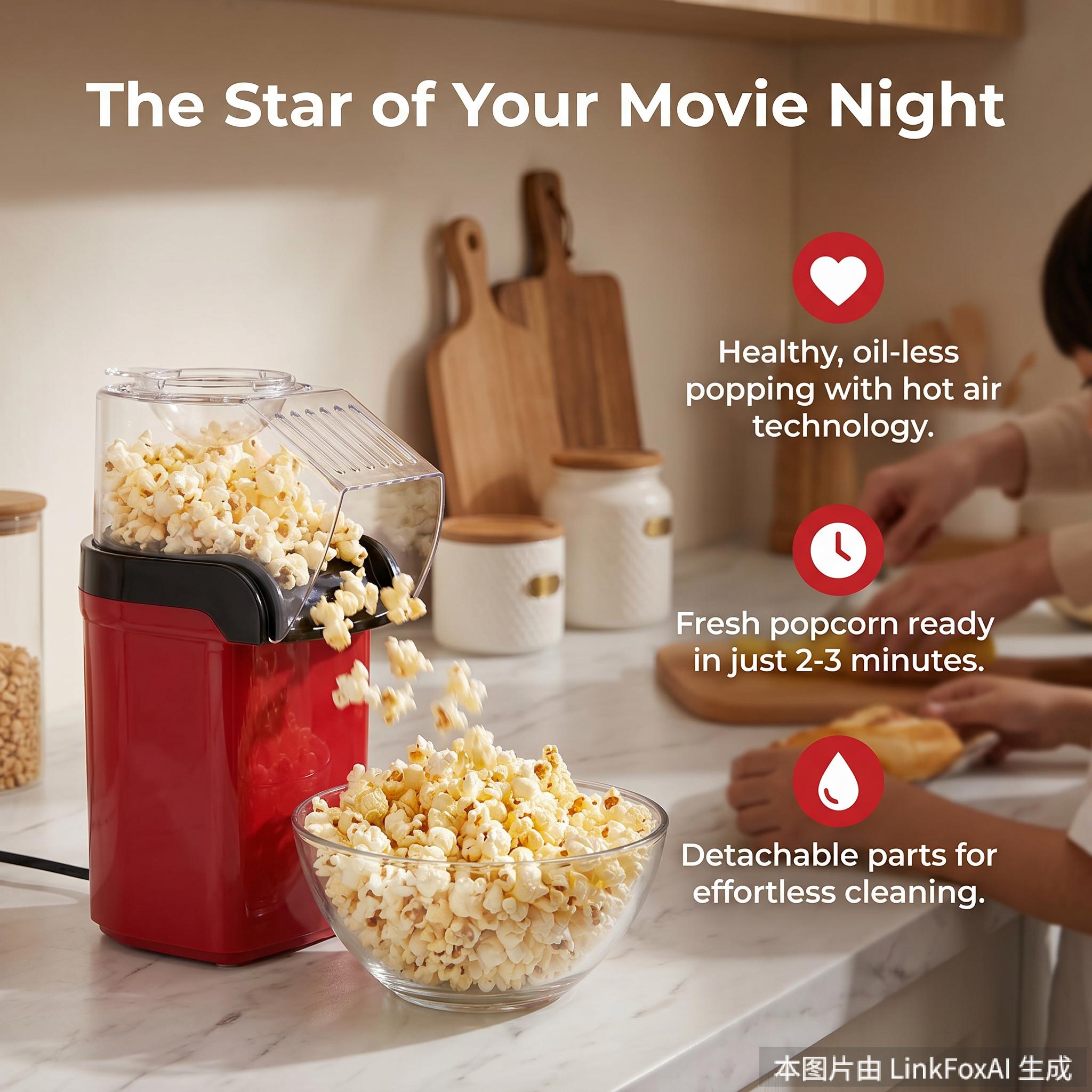 SINCHO 1200W Power Popcorn Maker - Detachable Parts Home Kitchen Gadget, Pops Popcorn in 1 Minute, No Butter Required, Supports Healthy Eating, Ideal for Family Movie Night, Kitchen Gadgets