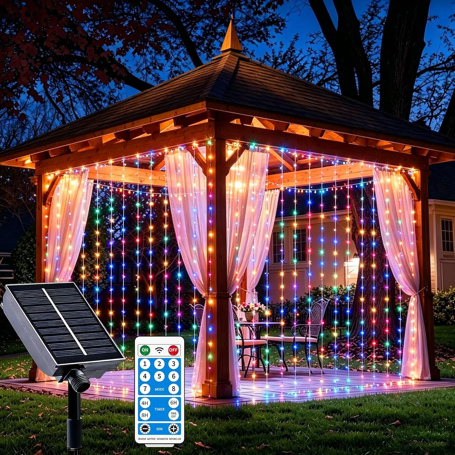 Outdoor Waterproof Large Solar Curtain Waterfall Lights, 300LED 9.8x9.8FT, Dual Charge (USB-C & Solar), PVC Wiring, Remote Timer Mode, Easy Install for Patio Decor (Colorful)