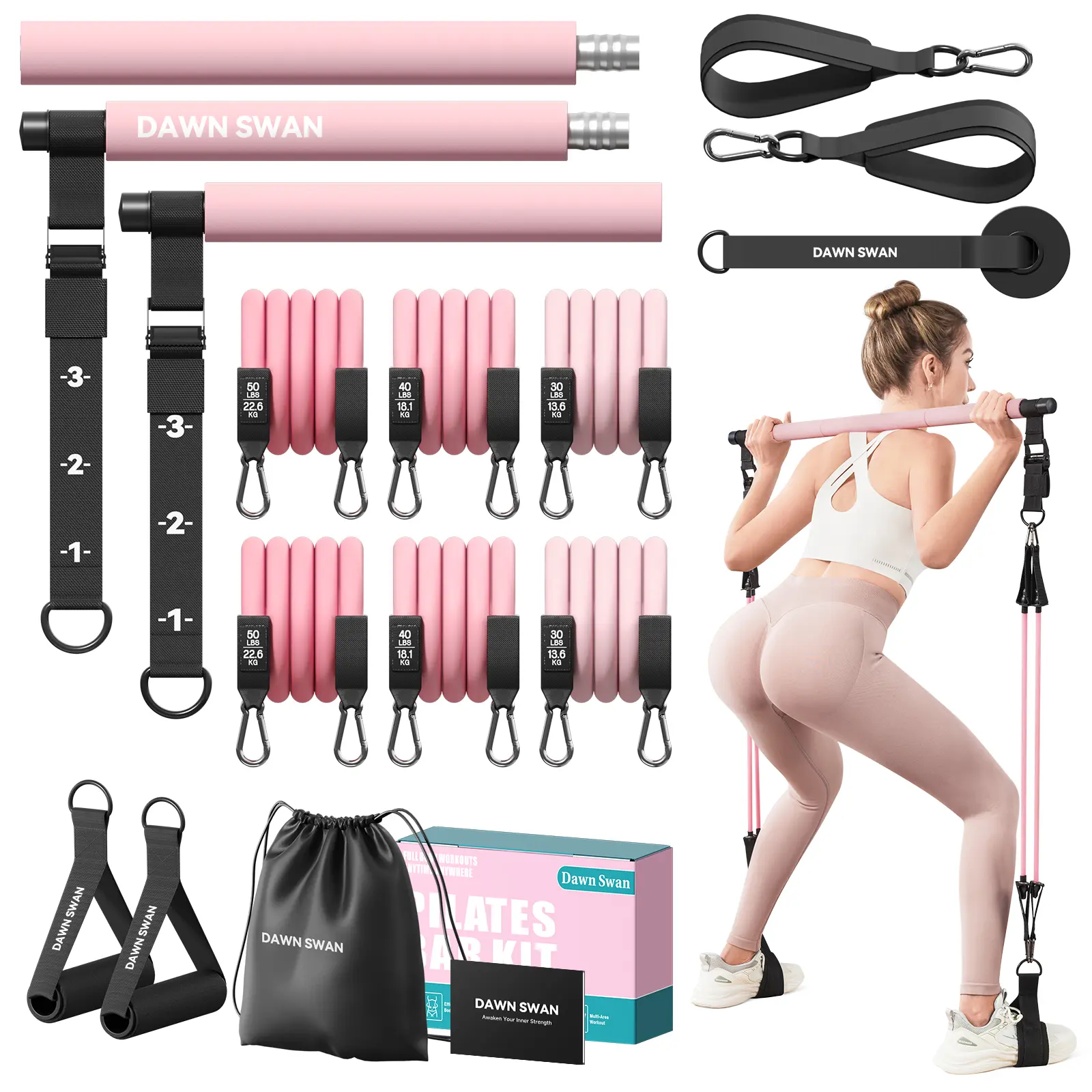 [DAWN SWAN] Adjustable Pilates Bar Kit with Resistance Bands - Compact Workout & Exercise Equipment for Women - Portable for Squat Challenge, Glute Gains & Full Body Toning