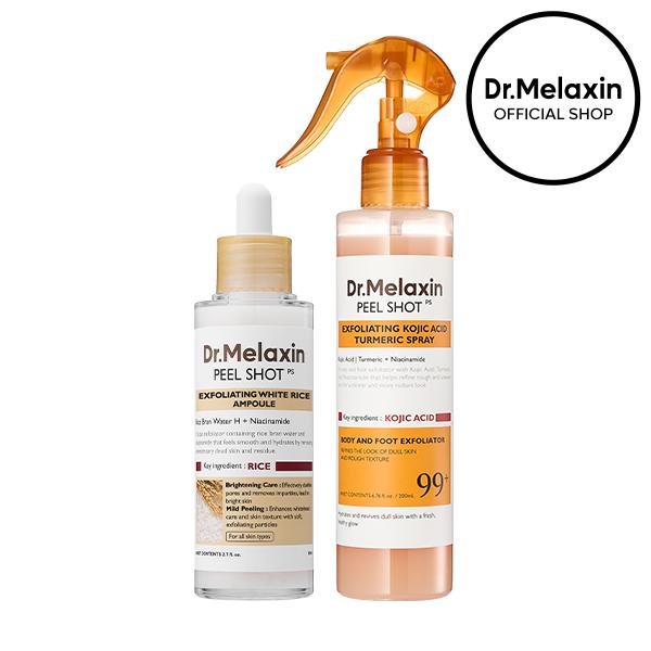 [Dr.Melaxin Official] Body & Face Peel Shot Duo - Glow Rice Peeling Ampoule Gentle Exfoliant Korean Radiant Skin Care Pure Kojic Acid & Turmeric