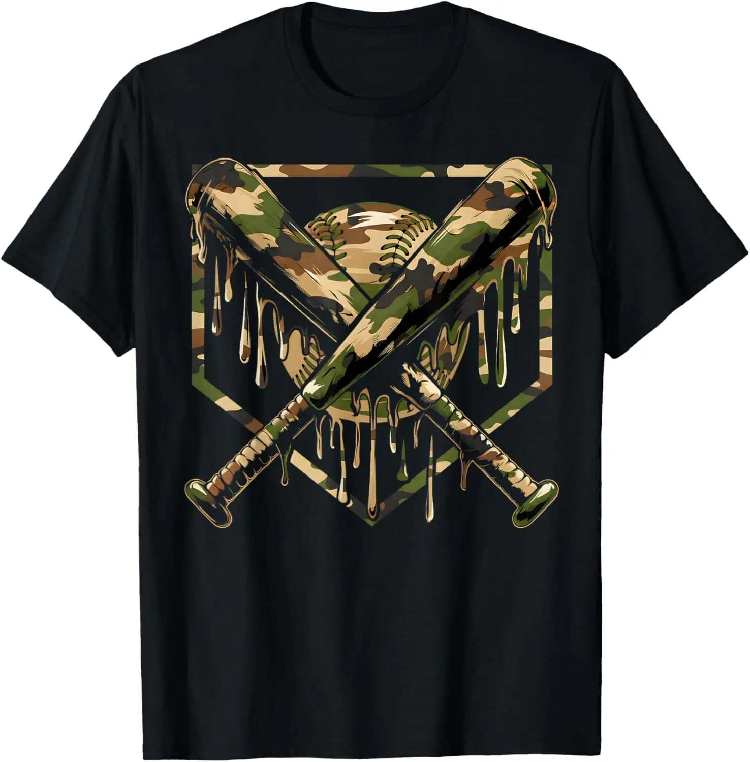 Baseball Drip Ice Cream Camo Home Plate Bats Sports Game Day T-Shirt - Crewneck Men Women Youth Boys Girl T-shirt Cotton Fabric