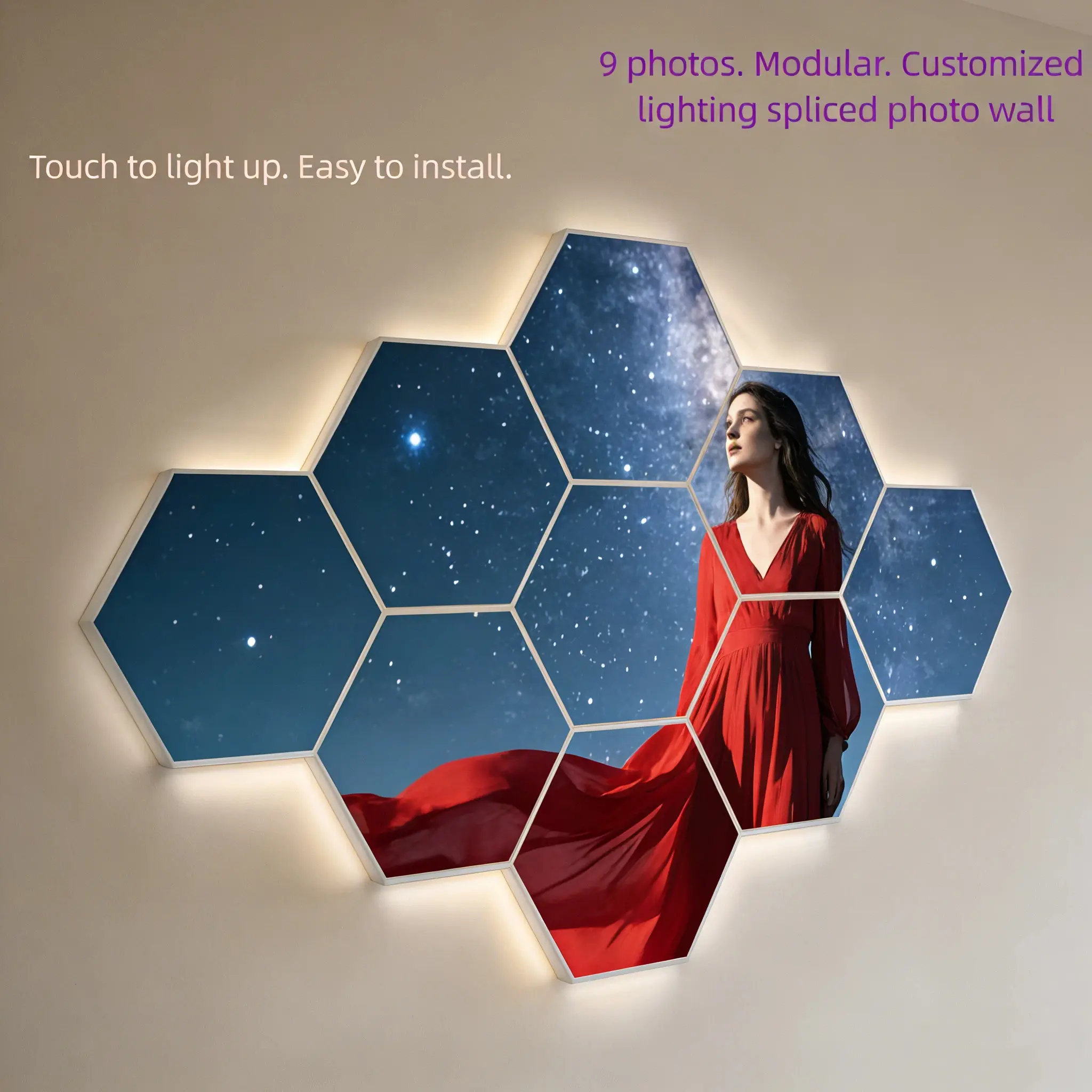 Personalized Hexagonal LED Wall Lamp with 6 Independent Detachable Panels, Hexagonal Template, Smooth Slide Touch Switch, USB-Powered Modular DIY Photo Lamp for Indoor Gamers’ Bedroom & Company Front Desk Decor
