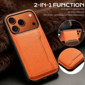 Denior Business Wallet & Stand iPhone Case | Compatible with iPhone 17/16/15/14/13/12/11 Pro/Pro Max | Adhesive Card Holder & Stand | 3 Slots (Holds 3–5 Cards) | Retro Design | Shockproof Protection | Unisex