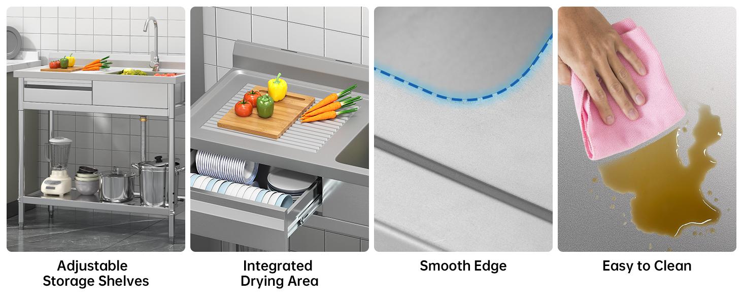 39" Stainless Steel Utility Sink with Left Drawer and Drainboard Freestanding Laundry Sink with Hot & Cold Faucet 304 Matte Finish Single Bowl 17"x13" with Backsplash for Indoor/Outdoor