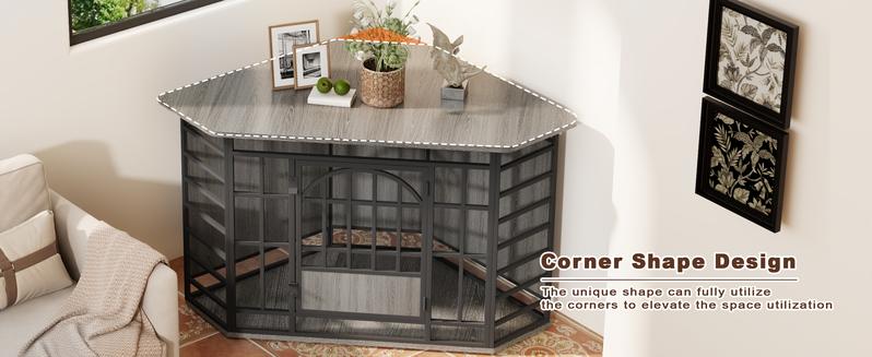 COZPAW 52 Inch Corner Dog Crate Furniture,Wooden Dog Kennel Indoor Furniture End Table,Modern Dog Cage Decorative Pet House TV Stand for Large Medium Dogs,Gray