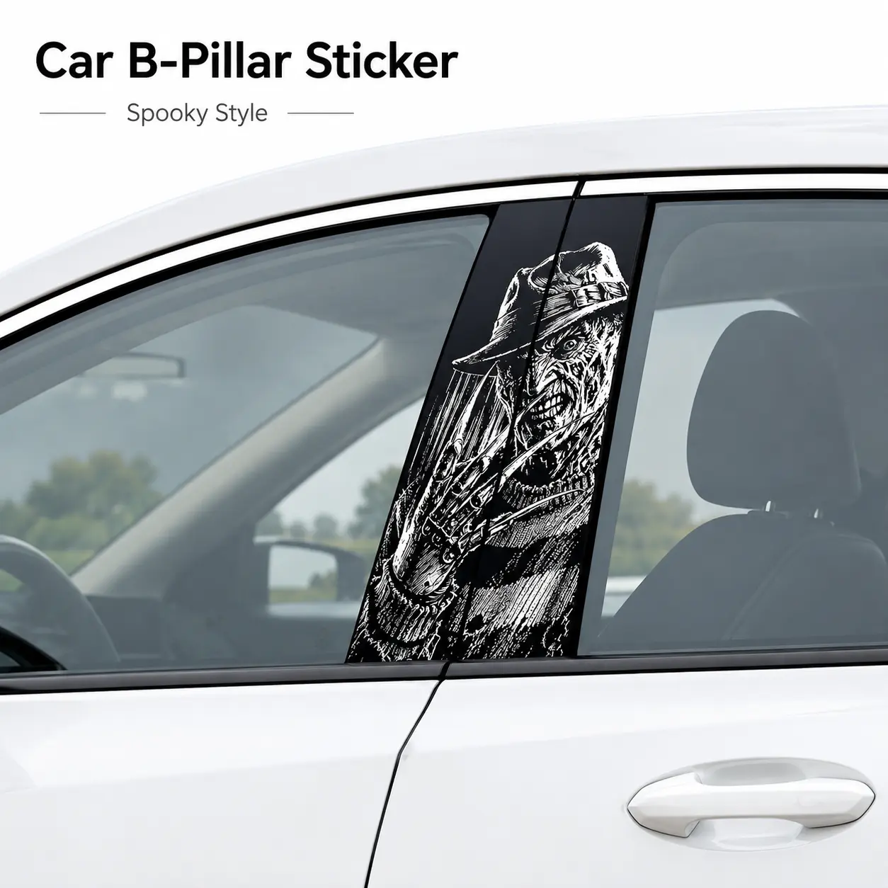Car Pillar Sticker - Waterproof Vinyl Halloween Horror B-Pillar Window Trim Decal, Spooky Slasher Character Graphic Wrap for Car, SUV, Truck Exterior Window Post, Cool Automotive Gag Gift for Men, Drivers & Horror Movie Fans