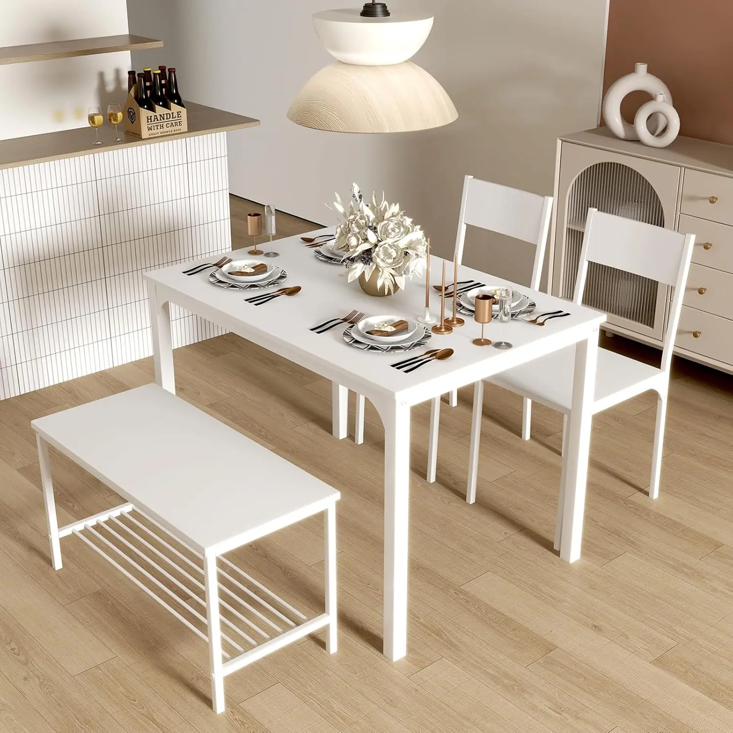 4 Pieces Dining Table sets with Chairs and Bench, 43.3" Modern Vintage Wooden Kitchen Table set for 4 People, Space Saving Suitable for Restaurant, Apartment, Dining Room, Rustic Brown/Gold/Walnut/White Finish