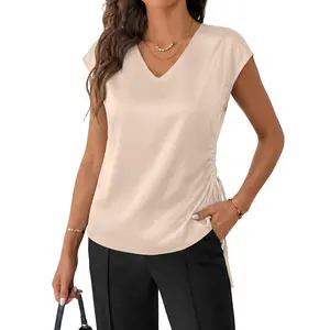 EVALESS T Shirts for Women Casual Satin Silk Shirts Tops V Neck Cap Sleeve Pleated Drawstring Waist Tops 2026 Trendy Womenswear Summer Outfits SwimWeek