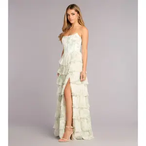 Lilyana Floral Chiffon Strapless Ruffle A-Line Dress