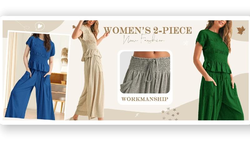 Yeokou Women’s  2-Piece Smocked Top & Wide-Leg Pants Set–High-Waisted Lounge Teacher's Outfit with Pockets Casual Boho Matching Set