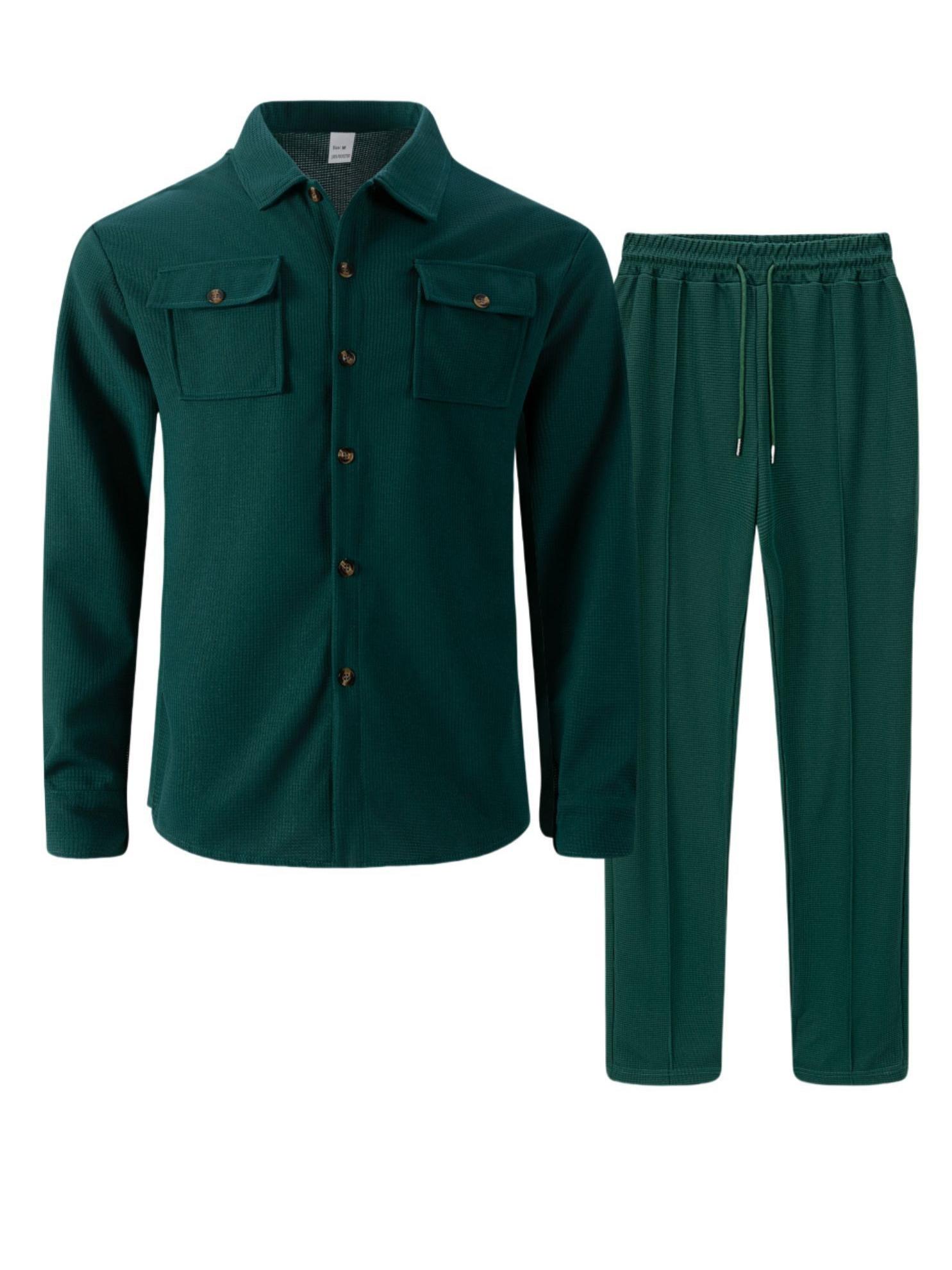 Autumn New Waffle Long Sleeved Pants Two-Piece Set Solid Color Double Pocket Button Up Cardigan Shirt Set for Men