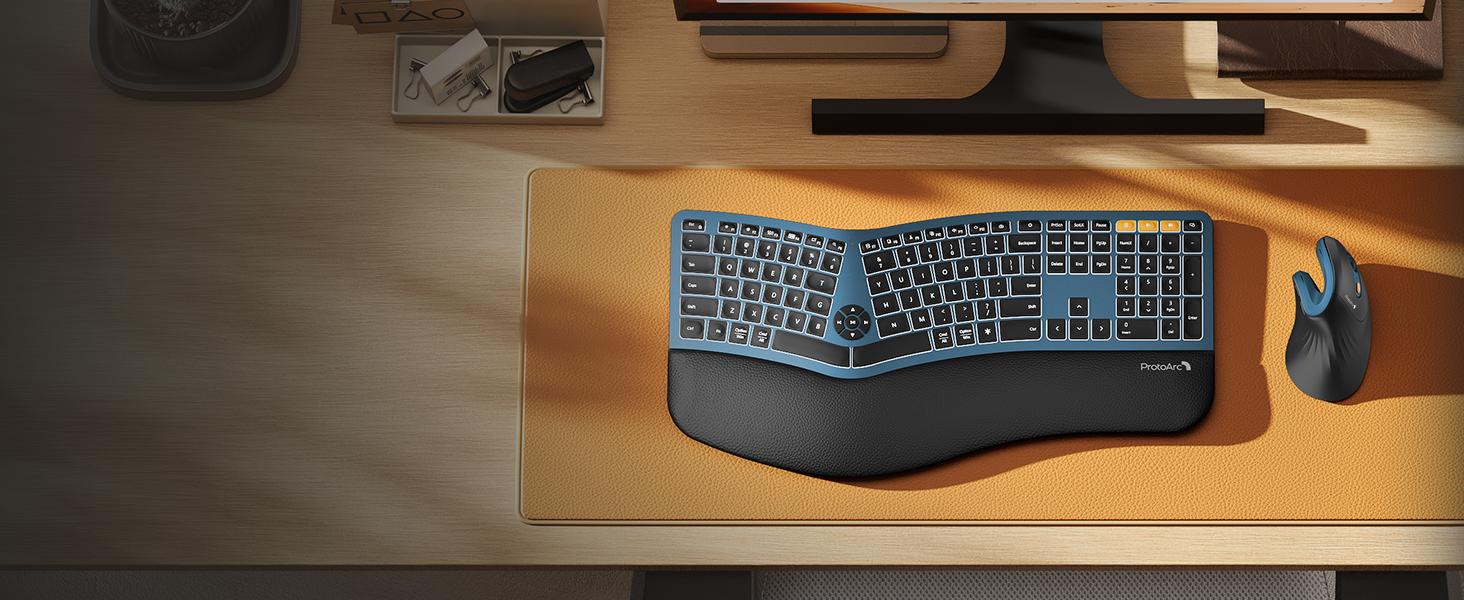 ProtoArc EK01 Plus Backlit Full Size Wireless Ergonomic Keyboard and EM11 NL Dual Bluetooth Vertical Mouse