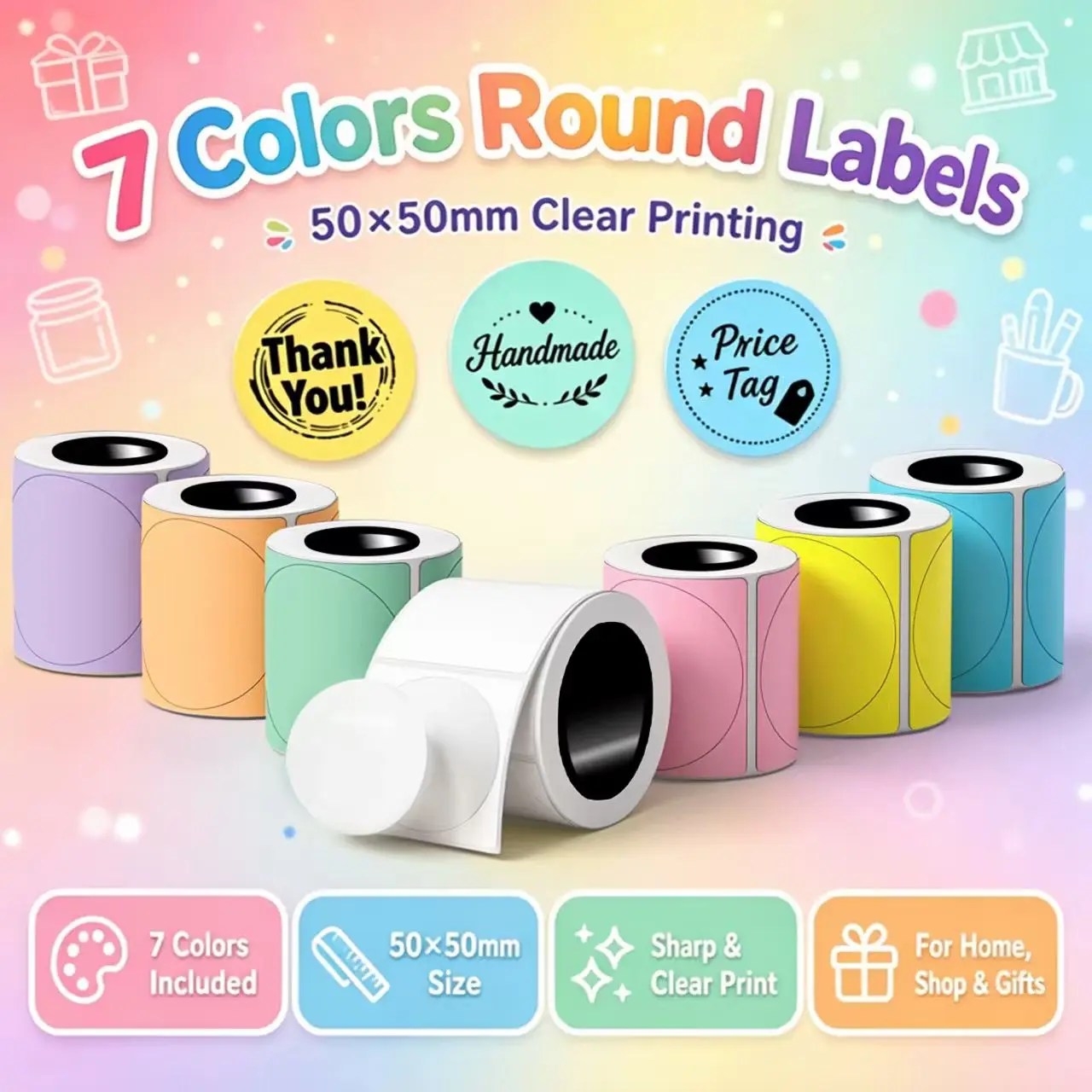 50 x 50 mm round thermal labels in macaron colors; self-adhesive labels for portable label printers that require no ink; ideal for gift wrapping and organizing items