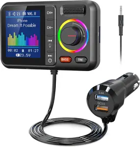 Bluetooth FM Transmitter for Car, Wireless Car Bluetooth V5.0 Adapter with Big Color Screen, Support QC3.0 Fast Charging, Hands-Free Call, MP3 Music Player BASS&E Booster, TF Card AUX-KM28