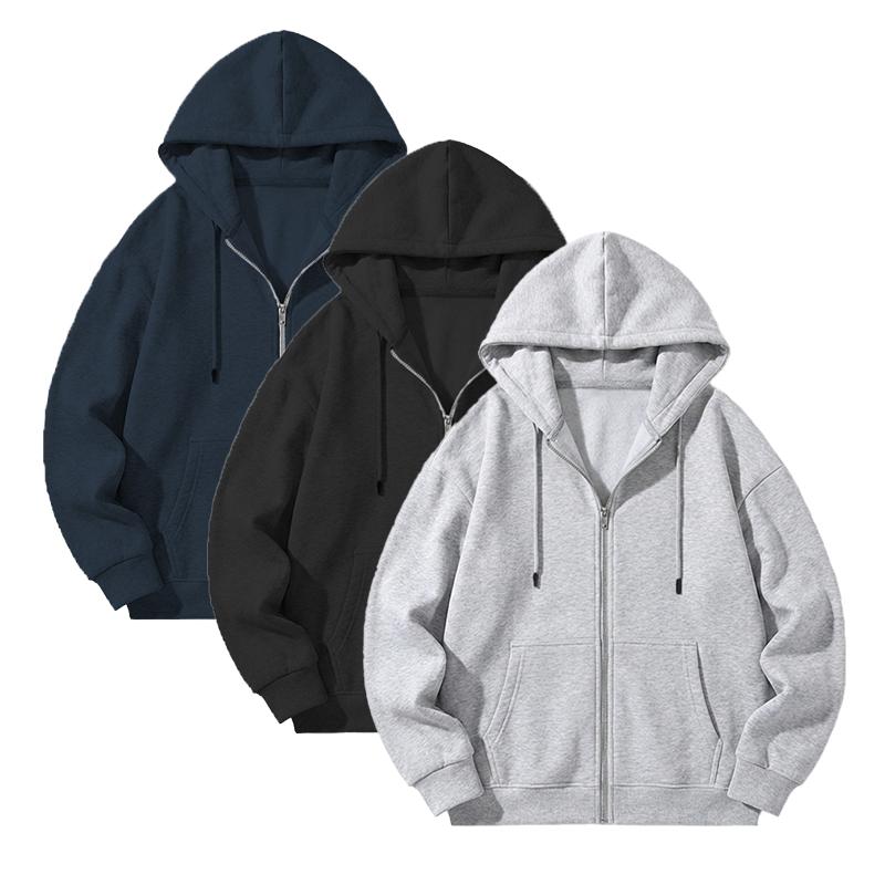 Men's solid-color full-zip shoulder-down hooded sweater, regular version casual long-sleeved hooded sweatshirt, suitable for autumn and winter wear, daily wear men's clothing