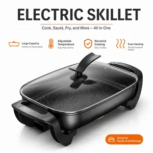 AORAN 1500W Multifunctional Cooker Electric Frying Pan, Large Capacity Non-Stick Pan with Stand-Up Glass Lid, 3 Marked Heat Levels, Heat-Resistant Handle