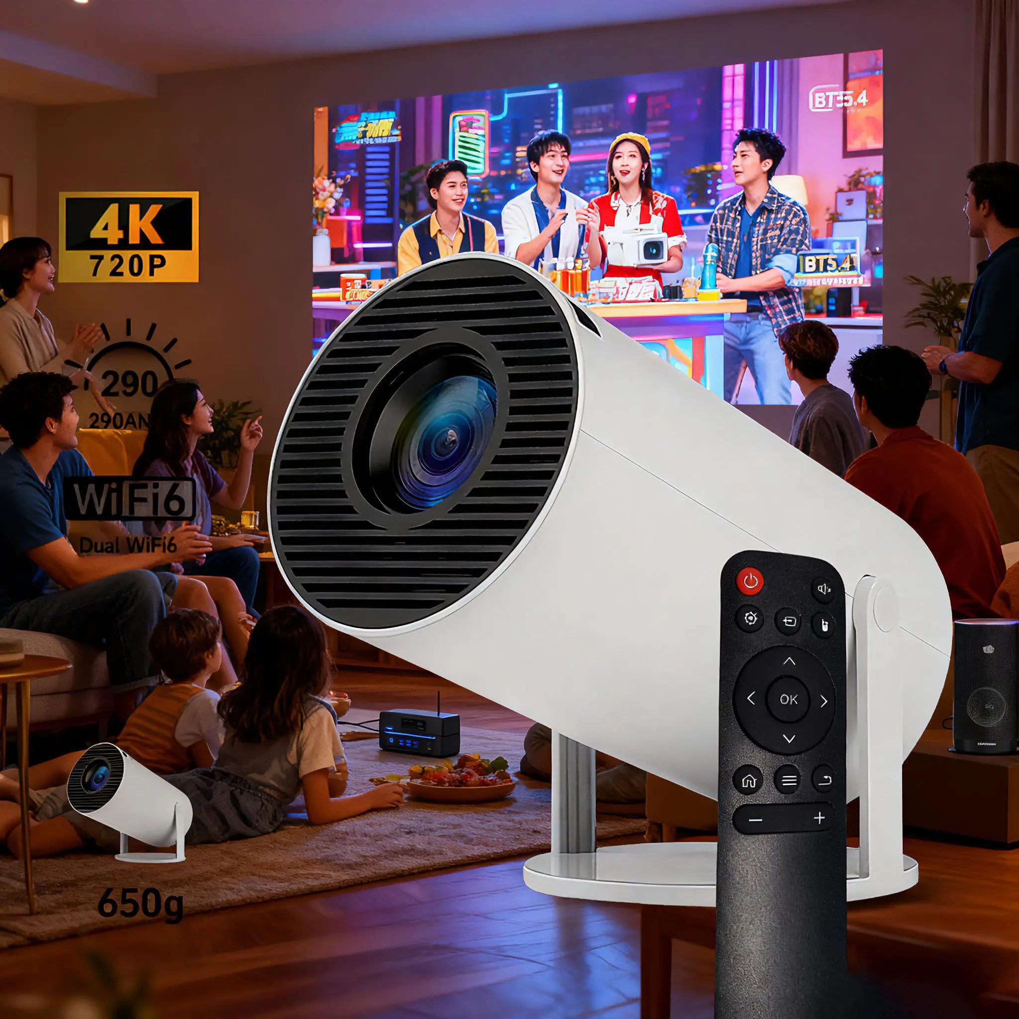 Light Portable Projector, 720P Smart Android OS WiFi6+BT5.4, 290 Lumens Full HD LED Display, Auto Keystone Correction, 180° Rotatable Tabletop Mount, 130" Screen, Build-in Audio Speaker, Remote Control, Essential for Bedroom & Outdoor Movie Use, Home Cine