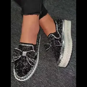 Women's Rhinestone Bow Decorated Slip on Loafers, Work Shoes, Round Toe Trending Shoes, Fashionable Glitter Decorated Platform Shoes, Elegant Casual Comfortable Shoes for Daily Wear