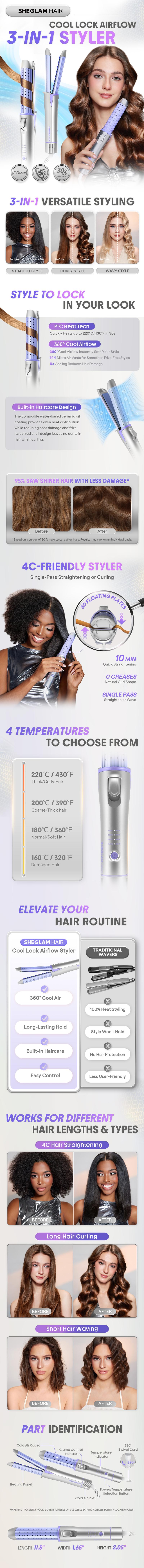 【BOGO SALE】SHEGLAM HAIR Cool Lock Airflow Styler, 360° Airflow Styler Curling Iron,Hair Curler With Cooling Air Vents To Lock In Style,4 Adjustable Temp,Dual Voltage,Hair Straightener For Long Short Hair - US Plug