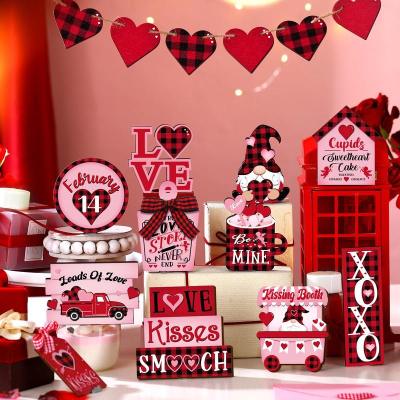 Valentine's Day Wooden Tiered Tray Decor 20 Pcs without Tray, Gnome Love Letter Dwarf Car Design Table Decor Wooden Ornament Desktop Tabletop Centerpiece Romantic Decor for Anniversary Wedding Party Room Bedroom Kitchen Home Valentines Gift