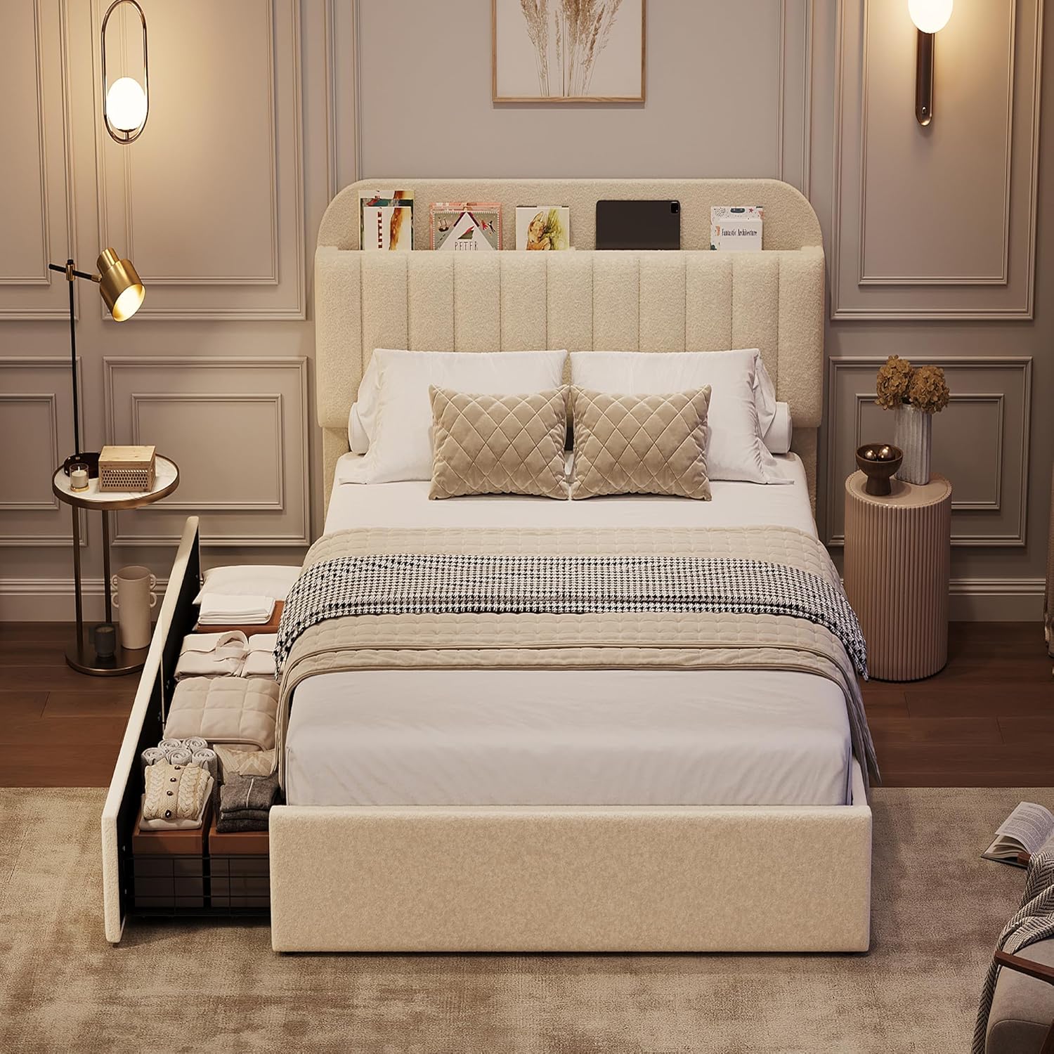 Twin Bed Frame with Storage Headboard, Kids Bed Frame with 2 Drawers, Boucle Upholstered Platform Bed with Bookcase, No Box Spring Needed, Easy Assembly, Beige White