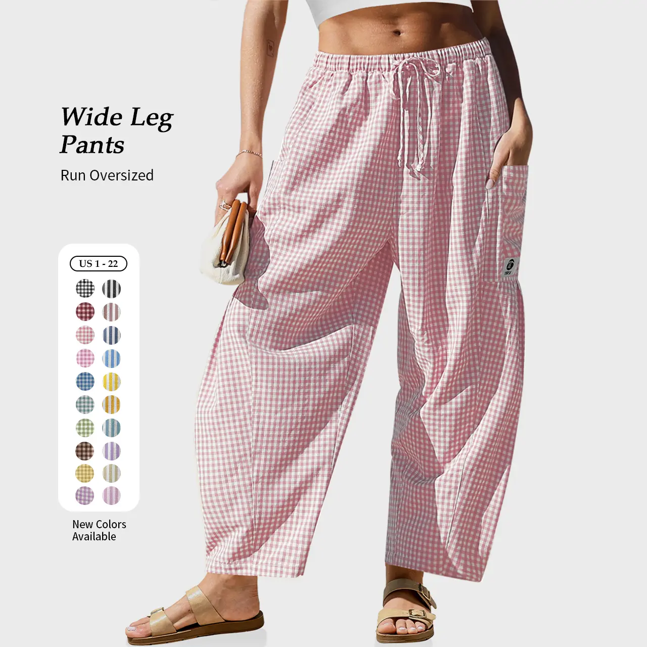 【SS26 Collection】TARSE Womens  Wide Leg Gingham Striped Plaid Pants Casual Barrel Loose Drawstring Low Waist Palazzo Harem Pants with Pockets