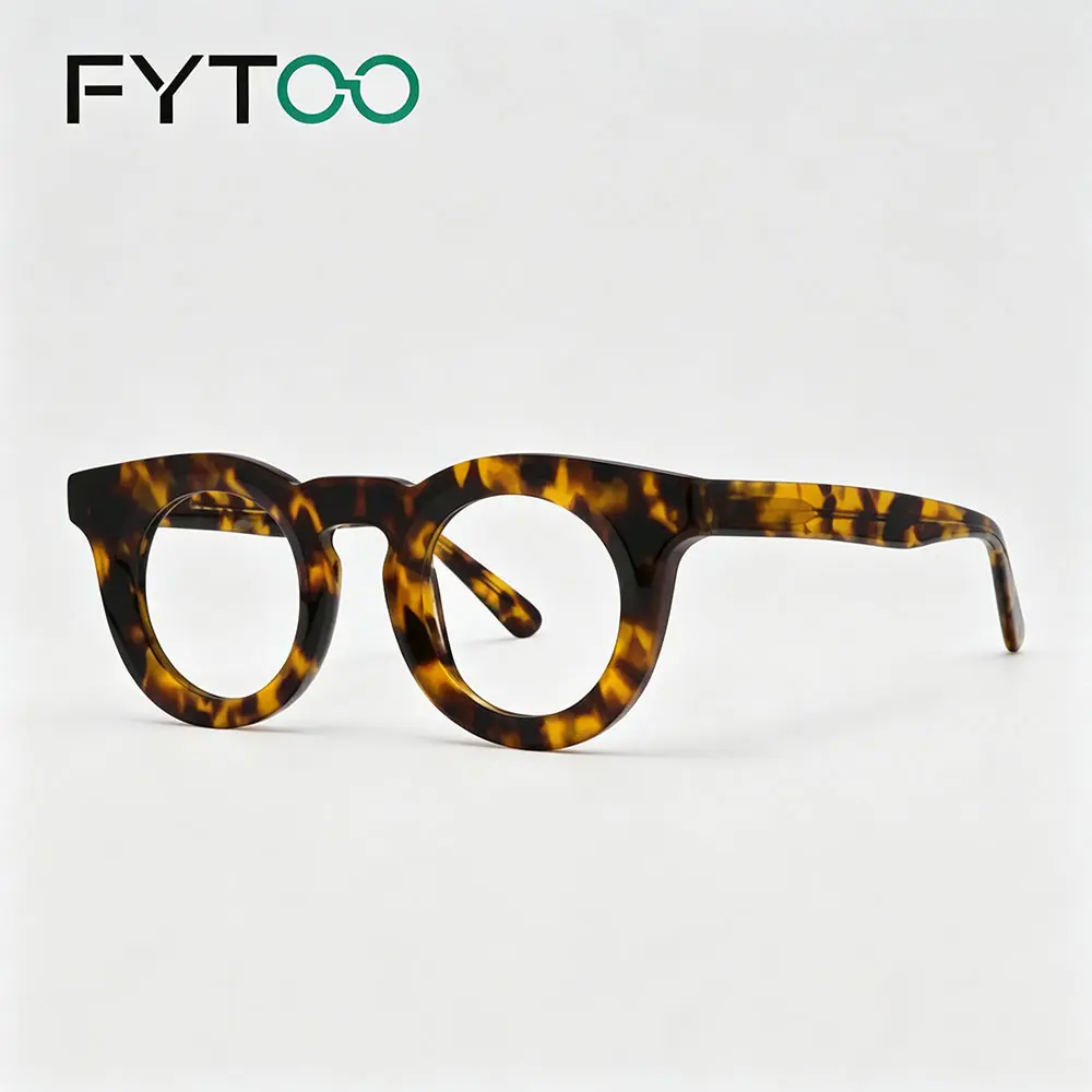 FYTOO Classic Dark Tortoiseshell Round Acetate Glasses, Vintage Thick Frame Statement Eyeglasses