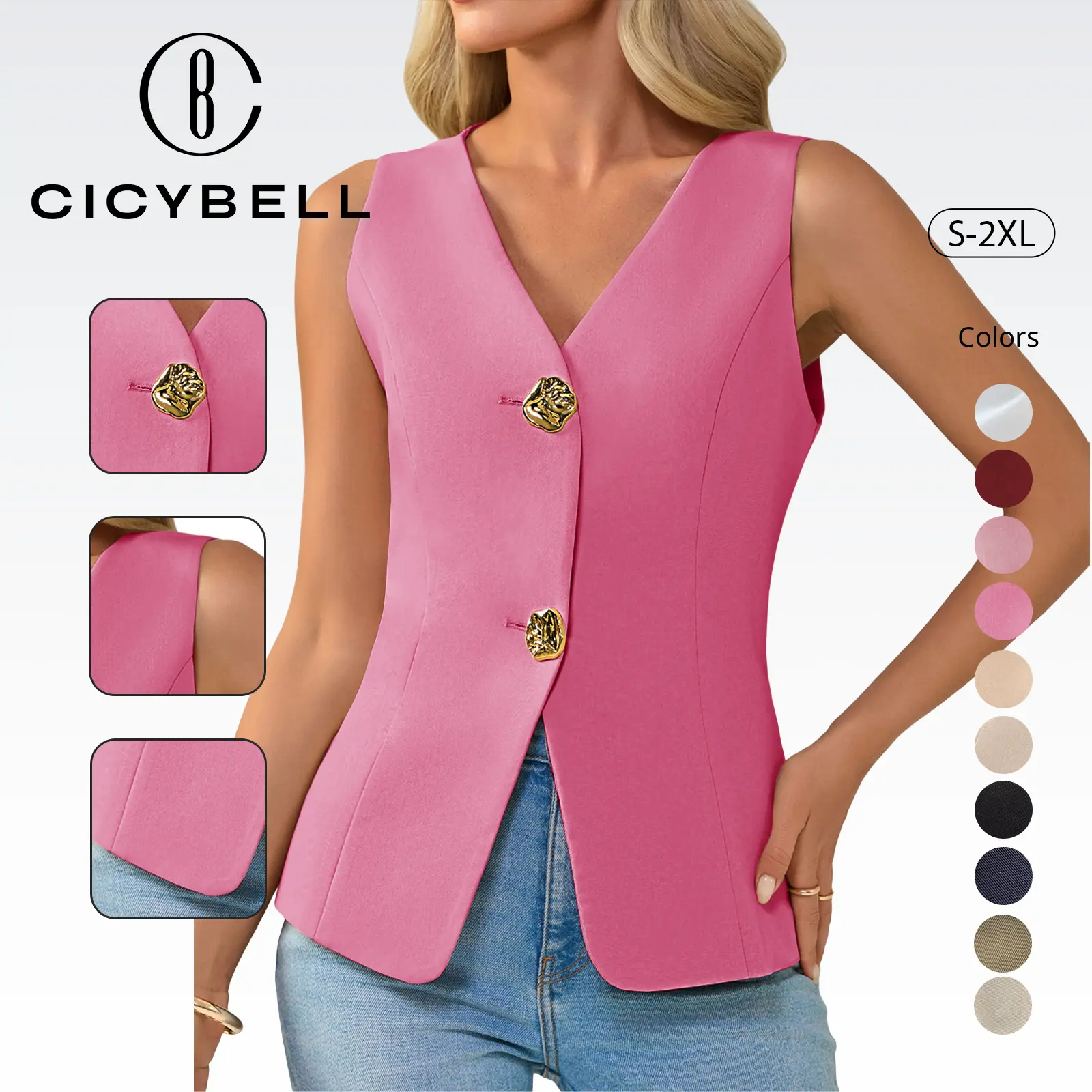 Cicy Bell  Womens Summer V Neck Vest Tops Button up Sleeveless Casual Waistcoat Business Fitted Blazer vest
