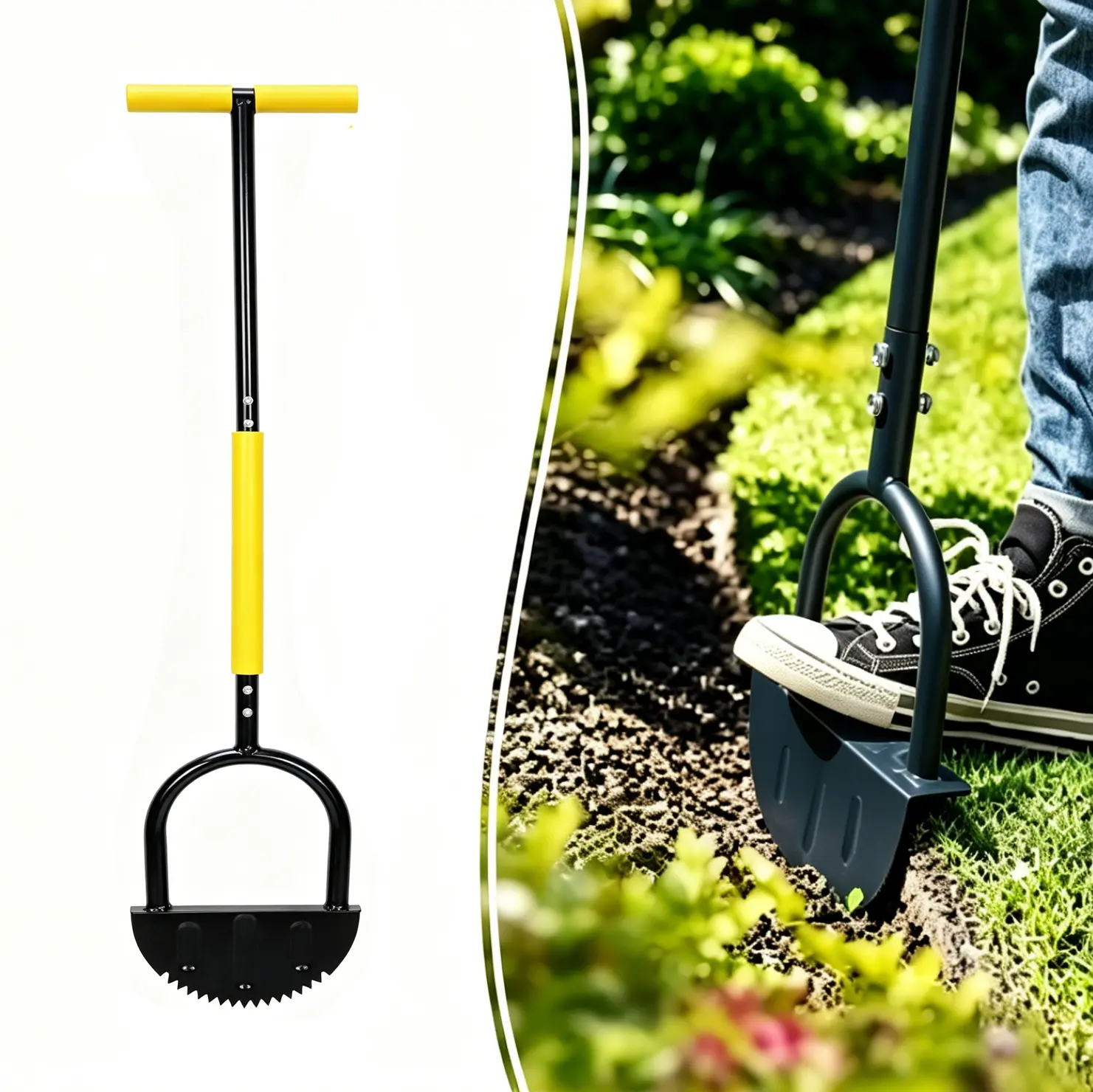 42 in Heavy-Duty Serrated Garden Shovel with U-Bracket Stays Put, Carbon Steel Lawn Edger, Back-Saving No-Bend Shovel Handle T-Type Grip for Crisp Edge Lines, Raised Bed Landscaping (for DIY Gardeners)