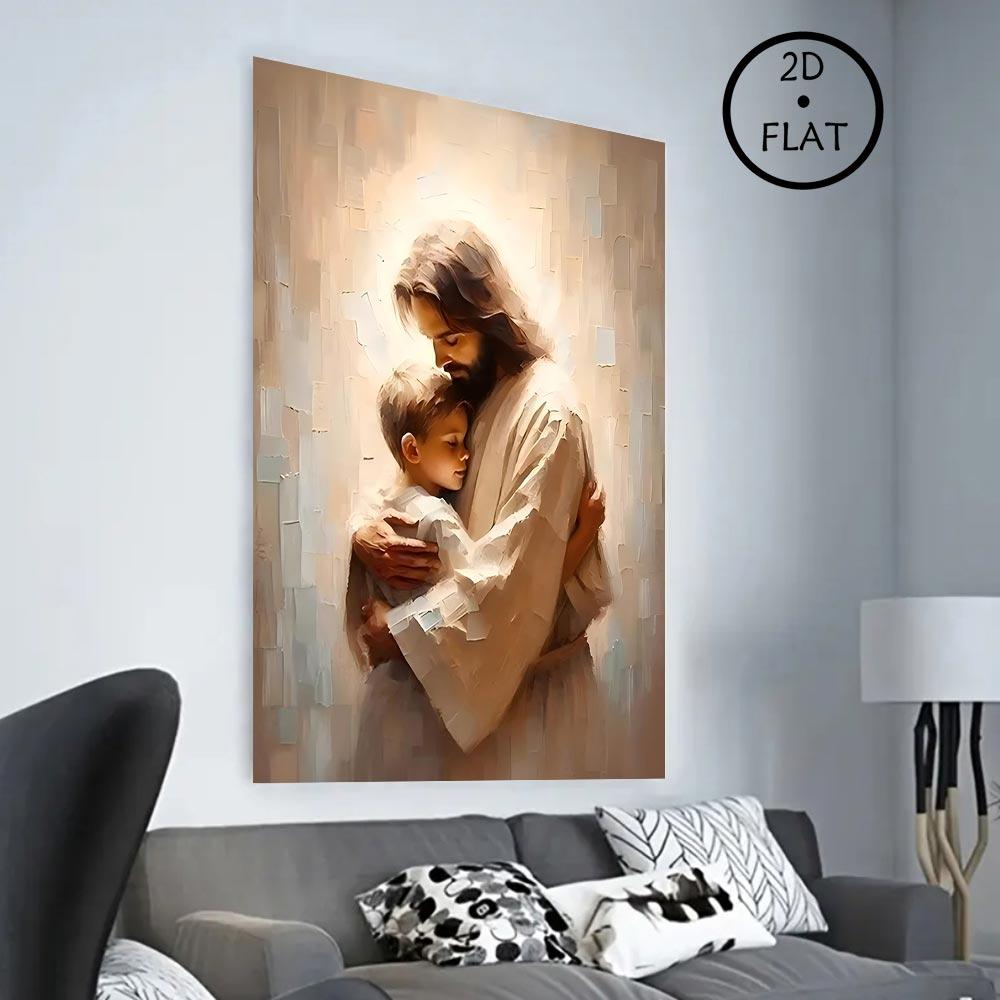 Christian Wall Art Jesus with Boy Shepherd Art 2D Flat Framed Canvas Print Waterproof Silver Wall Art for Gifts and Decor