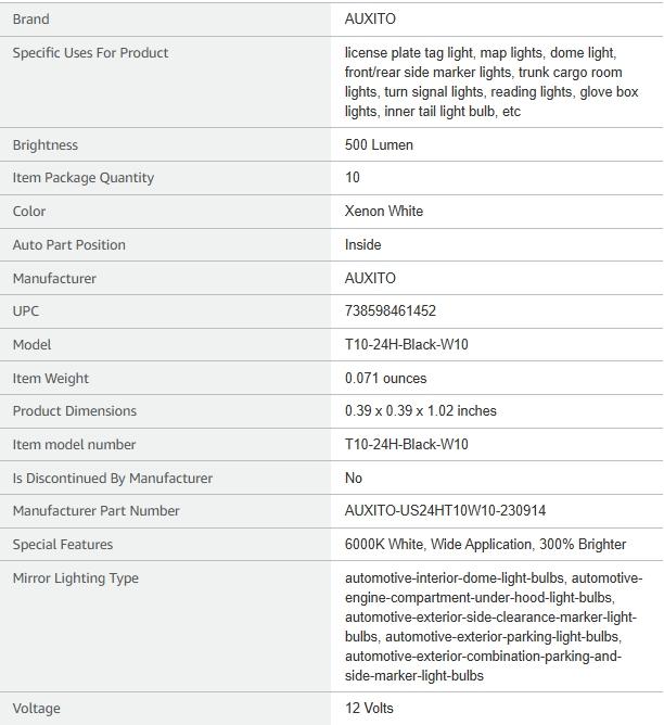 AUXITO 194 LED Light Bulb 6000K White 168 2825 W5W T10 Wedge 24-SMD 3014 Chipsets LED Replacement Light Kit Error Free for Car Interior Dome Map Door License Courtesy Dash Lights, Pack of 10