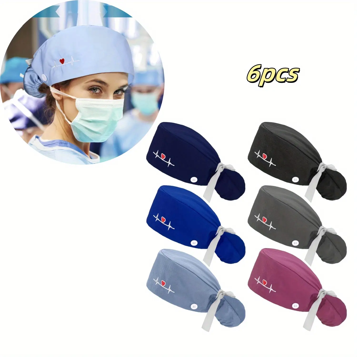 A Set of 6/2 Pcs Scrub Caps Women Nursing Hats with Buttons,Adjustable Bouffant Nurse Hats,Ponytail Holder Bouffant Turban Caps with Heart,Ideal for Nurses & Doctors,Halloween Christmas Party Father's Day Gift