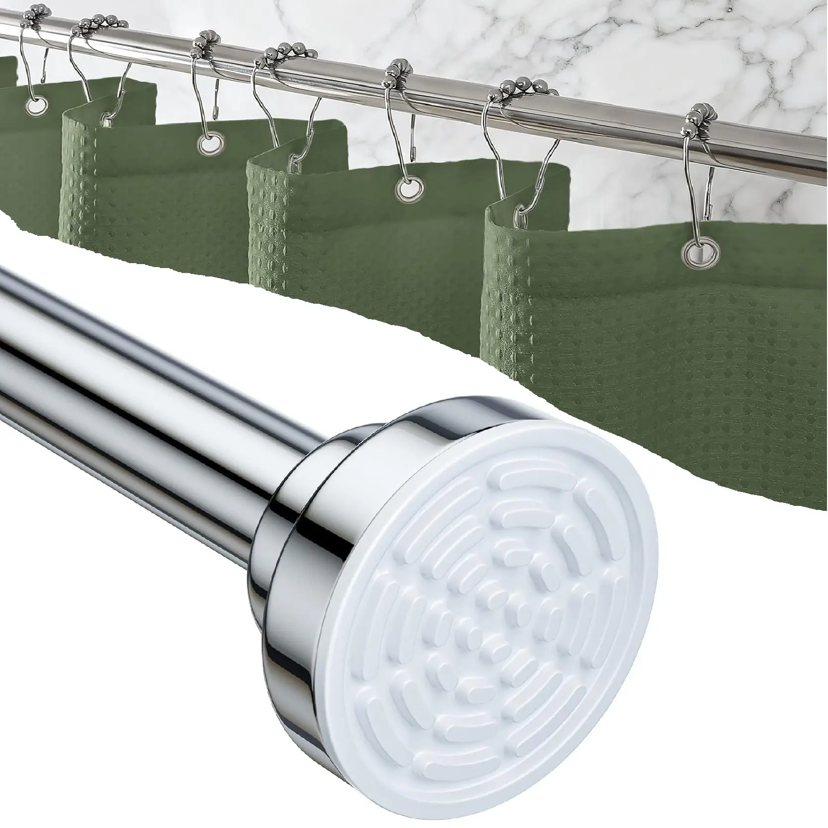 Rust-Proof Shower Curtain Rod & Roller Hooks Bundle – 26-78" Adjustable Tension Rod – Heavy Duty Stainless Steel, Non-Slip, No-Drill Installation – Includes 12 Glide Rings (Polished Nickel/Silver)