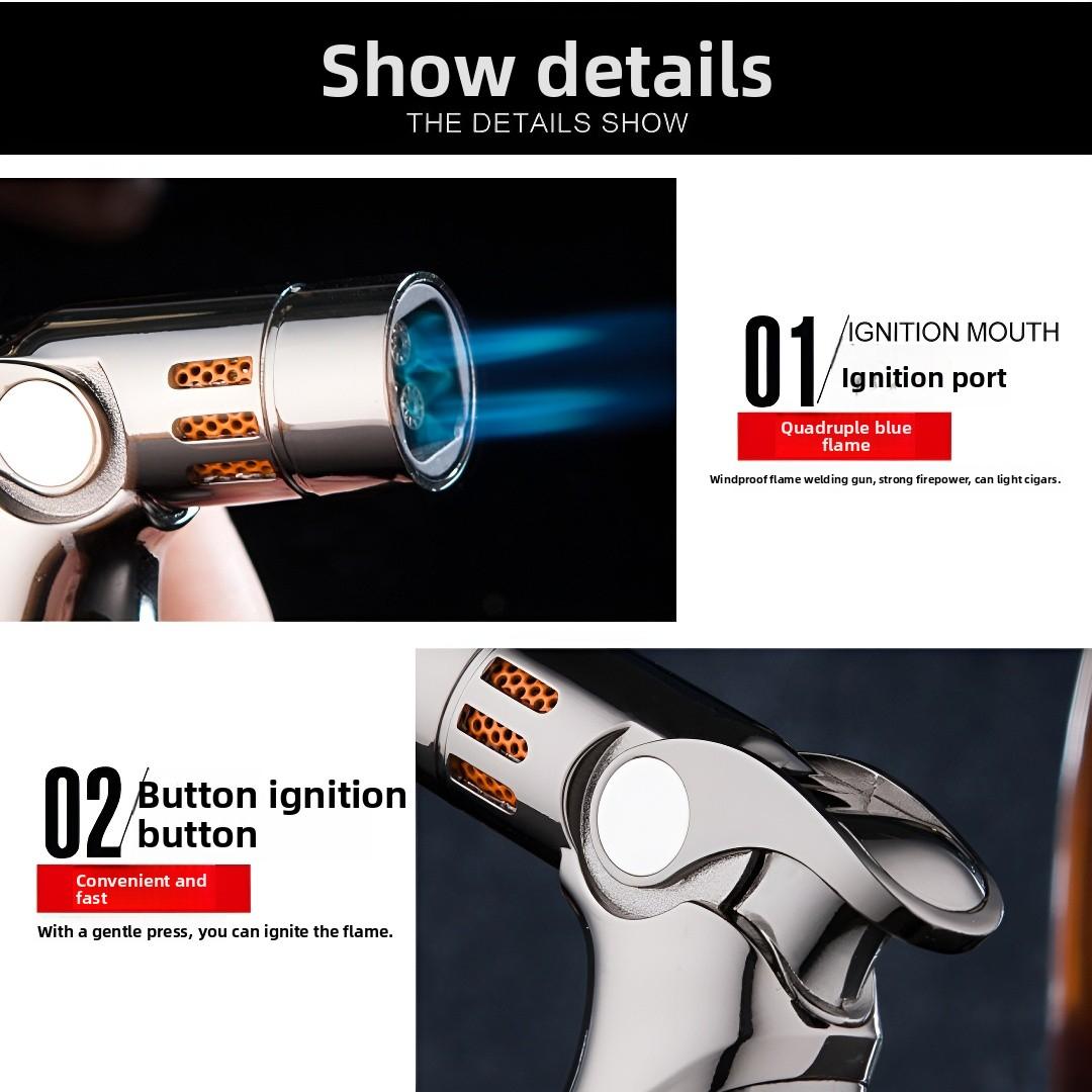 Multi-Color Luxury Metal Windproof Torch Lighter, 4 Jet Flame Refillable Butane Lighter with One-Hand Ignition, Portable Pocket Size for BBQ Camping Candle Daily Use, Available in Gold Silver Blue Black, Ideal Gift for Men (Butane Fuel Not Included)