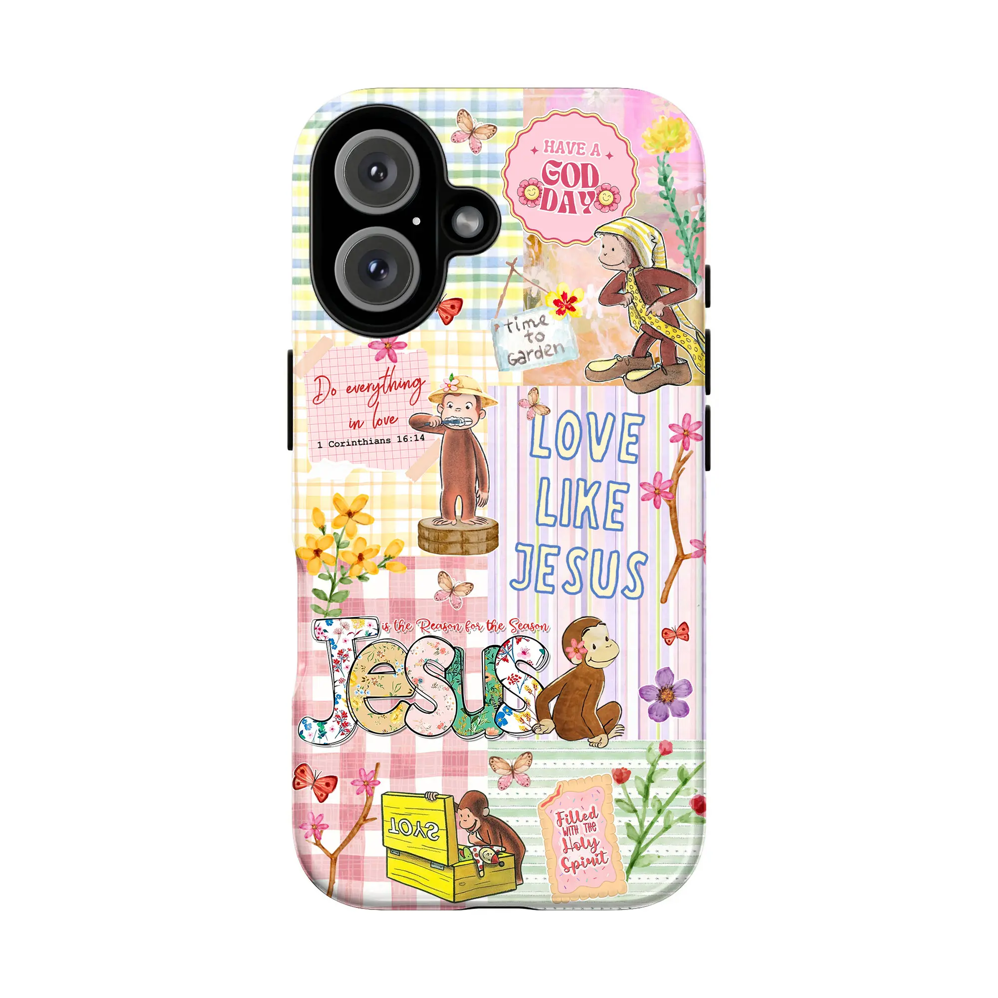 Summerwins Spring Floral Curious George Shockproof Protective Smartphone Casing - Tough Protection for iPhone 17/16/15/14/13/12/11 Pro Max, Nostalgic Cartoon Aesthetic, Christian Bible Verse Women's Religious Cellphone Accessories for Compatible Devices