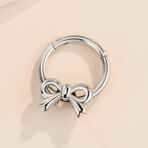 OUFER 16G-1.2mm Stainless Steel Cute Bow Septum Jewelry with Cubic Zirconia Heart Stone Bling, 8mm/10mm Inner Diameter Female Nose Ring Jewelry for Daith, Everyday Wear
