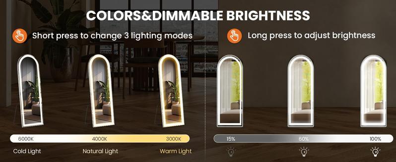 Luxury Mirror Full Length Standing Mirror with LED Lights,Dimming & 3 Color Lighting, Wall Full Length Aluminum Alloy Room Decor