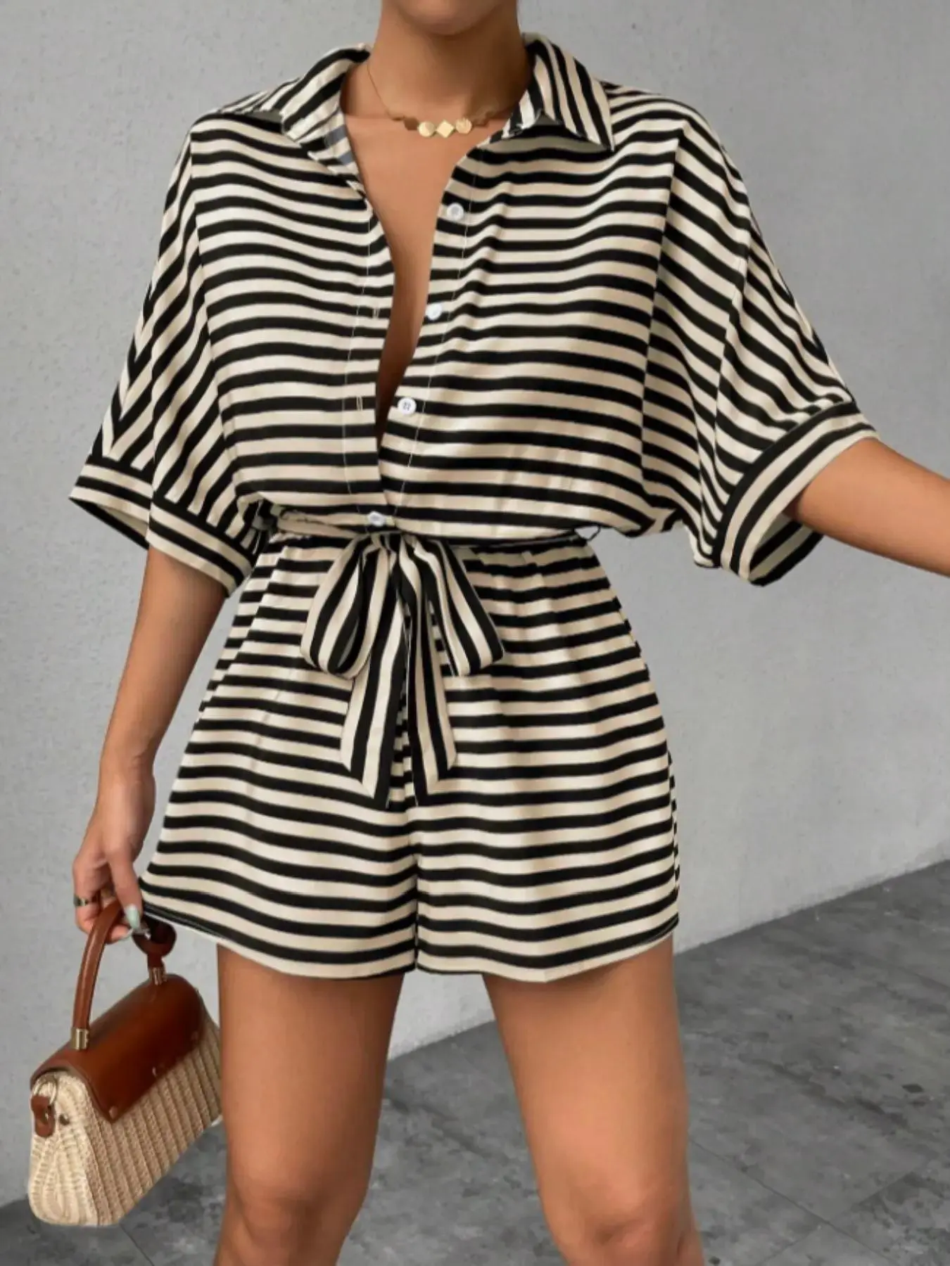French Striped Shirt Dress Shorts for Women, Womenswear, Turn-Down Collar Button Front Waist Tie Adjustable Loose Short Sleeve Casual Romper, Effortless Playsuit, Casual Comfy Jumpsuit, Casual Summer Jumpsuits, Jumpsuit Rompers