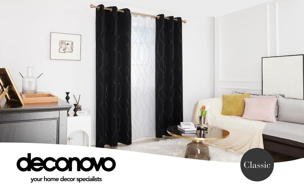 Deconovo Black Out Curtains  2 Panels- Black and Gold Curtains for Bedroom, Noise Reducing,Grommet Thermal Drapes for Living Room  luxury curtains