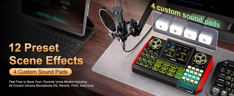 Tenlamp G9 Series Live Streaming Sound Card with Voice Changer, Dual-Level Noise Reduction & Built-in 2000mAh Battery Mixer for Live Streaming, Singing & Video Production (Optional Microphone Kit)