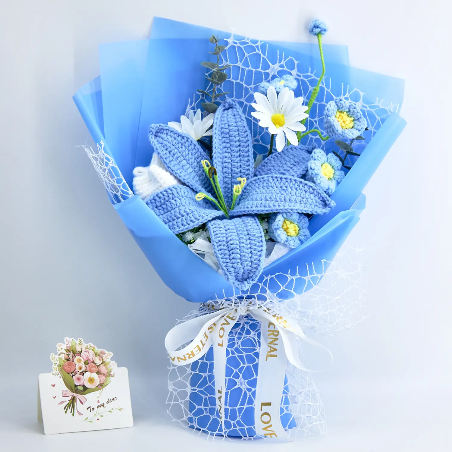 Handmade Crochet Flowers Bouquet Gift for Girlfriend Birthday Wedding Anniversary Just Because Graduation Gift with Tulips Lily of the Valley Forever Flowers Blue Bouquet for Her with Greeting Card US Fast Shipping Home Decor
