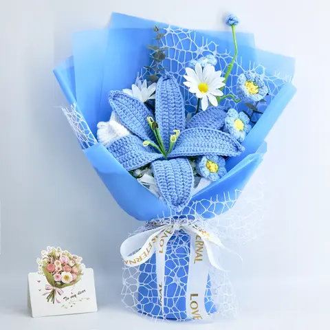 Handmade Crochet Flowers Bouquet Gift Ideas for Gift Season, Blue & White Tulip Lily of the Valley Forever Flowers, 2 Color Styles, Fall Birthday Anniversary Halloween Friendsgiving Thanksgiving Christmas Gift for Her, Greeting Card Home Decor