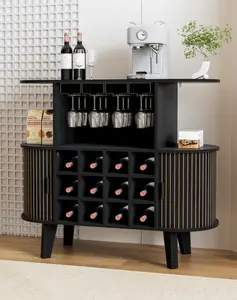35.4" Oval Coffee Bar Cabinet with Storage 12 Wine Racks 4 Glass Holders, Small Modern Farmhouse Liquor Cabinet with Sliding Tambour Door for Home, Kitchen, Living Room, Black bedside table