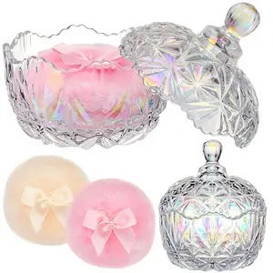 2 PCS Soft Washable Reusable Powder Puff 3 Pcs Large Body Powder Puff and Container Set Glass Crystal Case for Dust Puff Powder Applicator with Box for Face Body Wet Dry Makeup Gift Powder Box Cosmetics Cute pot for powder