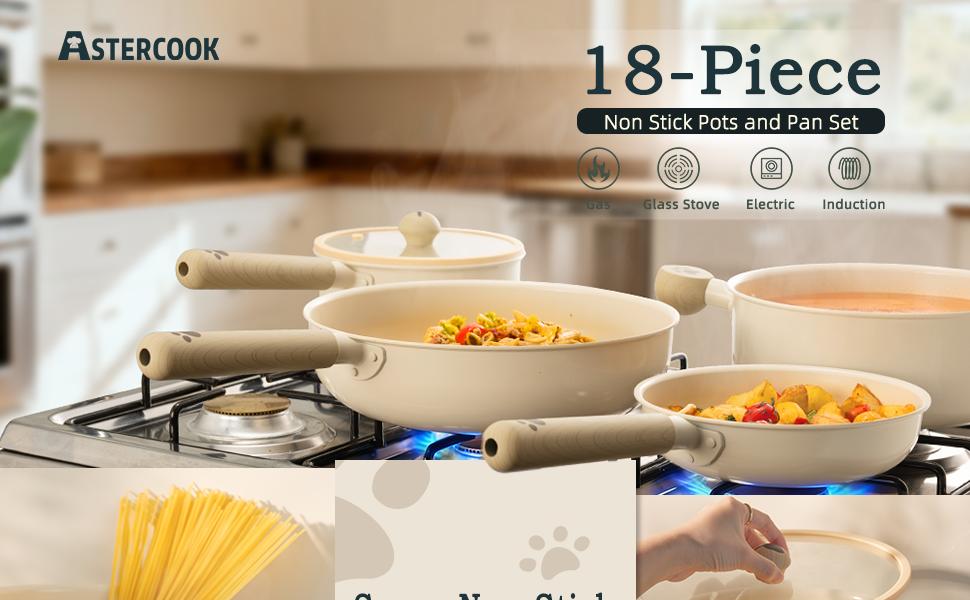 Astercook Ceramic Pots and Pans Set Non Stick 17 Pcs Induction Kitchen Cookware Sets NON TOXIC Healthy Kitchen Cooking Set with Frying Pans Set and Dog Paw Design（PFAS PTFE PFOA PFOS Free）