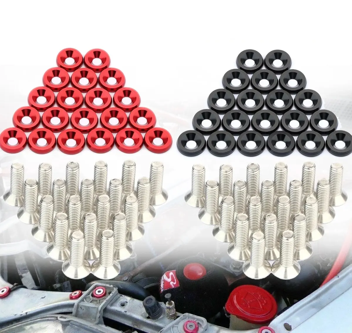 40PCS JDM Billet Aluminum Fender Bumper Washer Bolt Kit - M6x15mm Screw-On Fasteners for JDM Cars, Engine Bay Dress Up & Mounting, Black + Red