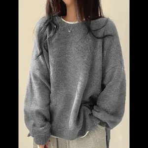 Women's Drop Shoulder Split Hem Sweater, Casual Long Sleeve Round Neck Jumper, Women's Knitwear Top for Fall & Winter, Sweaters for Women