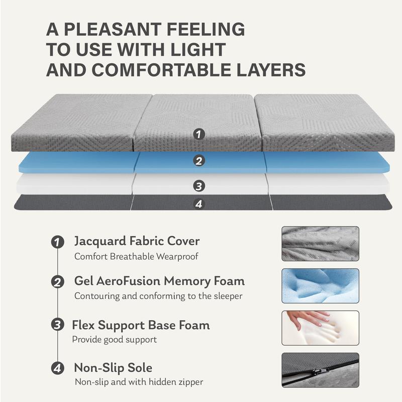 EGO Tri Folding Memory Foam Topper, Travel and Yoga Mats, 4 inch Single topper with Washable Cover, Twin Full Queen King Camping Mattress