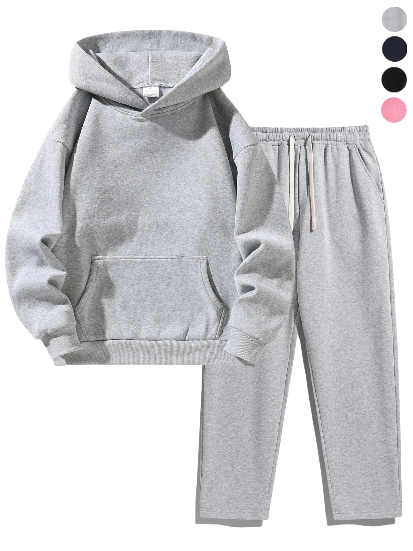 Men's Plain Two-Piece Sweatsuit Set, Fitted Casual Hoodie with Pockets & Drawstring Pants, Thick Fabric for Fall Winter, Daily Wear Essentials